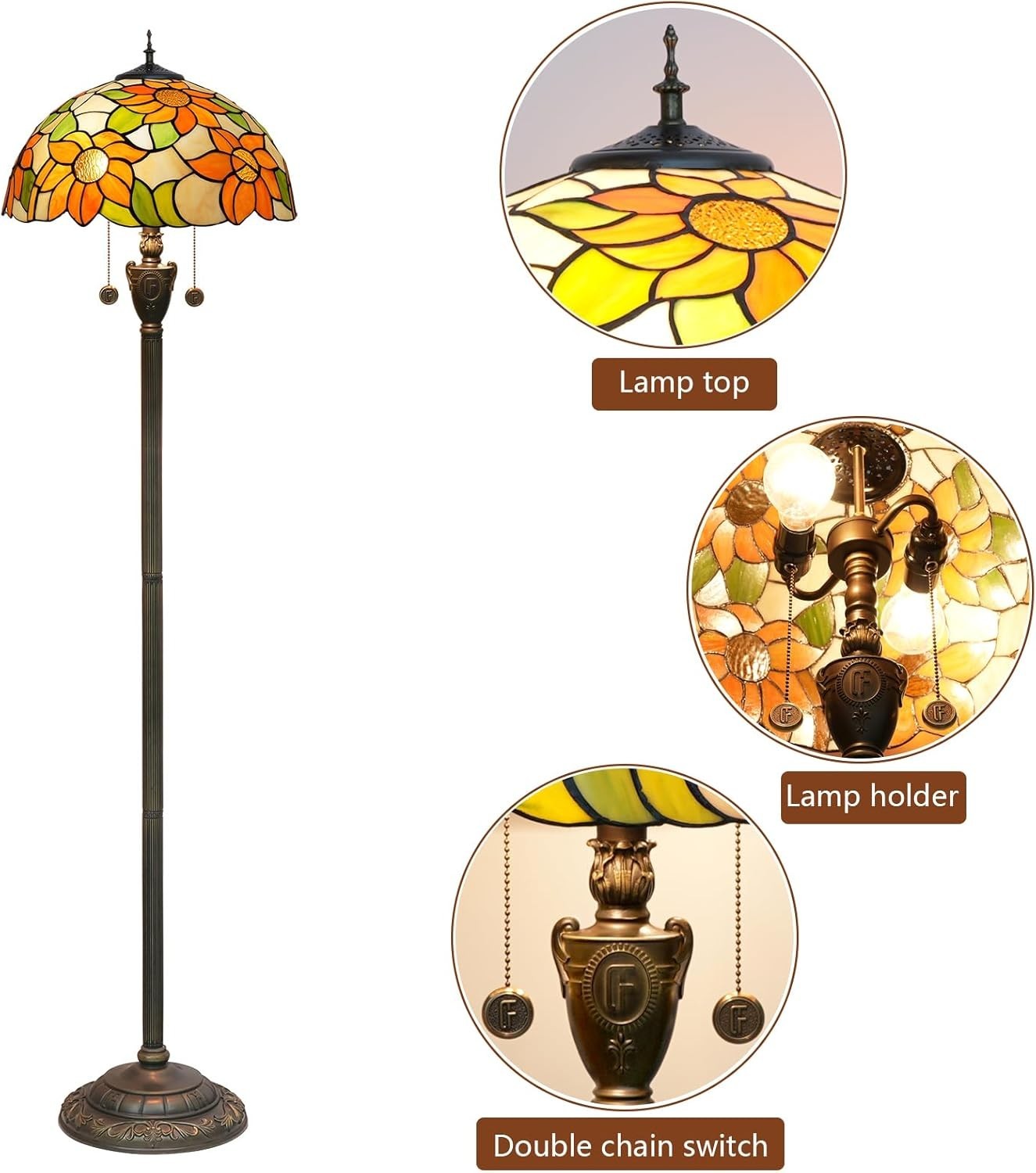 Sunflower Stained Glass Floor Lamp with Foot Switch & Vintage Bronze Base