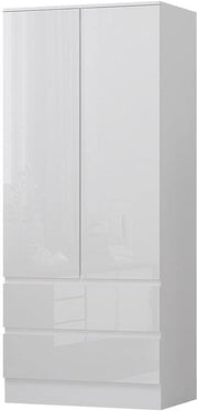 Modern White Gloss 2 Door Wardrobe with Drawers Soft Close Bedroom Storage