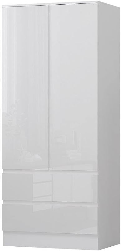 Modern White Gloss 2 Door Wardrobe with Drawers Soft Close Bedroom Storage