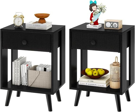 Set of 2 Black Bedside Tables with Drawer & Open Shelf, Modern Wooden Nightstand