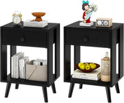 Set of 2 Black Bedside Tables with Drawer & Open Shelf, Modern Wooden Nightstand