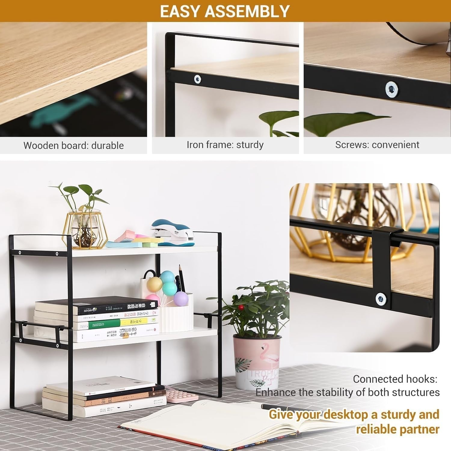 Adjustable 2-Tier Wood Desk Shelf Organizer Freestanding Desktop Storage Rack