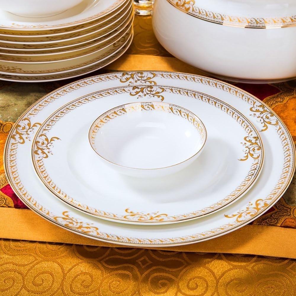 60 Piece Luxury Dinner Set Gold Rim Porcelain Plates Bowls Handmade China