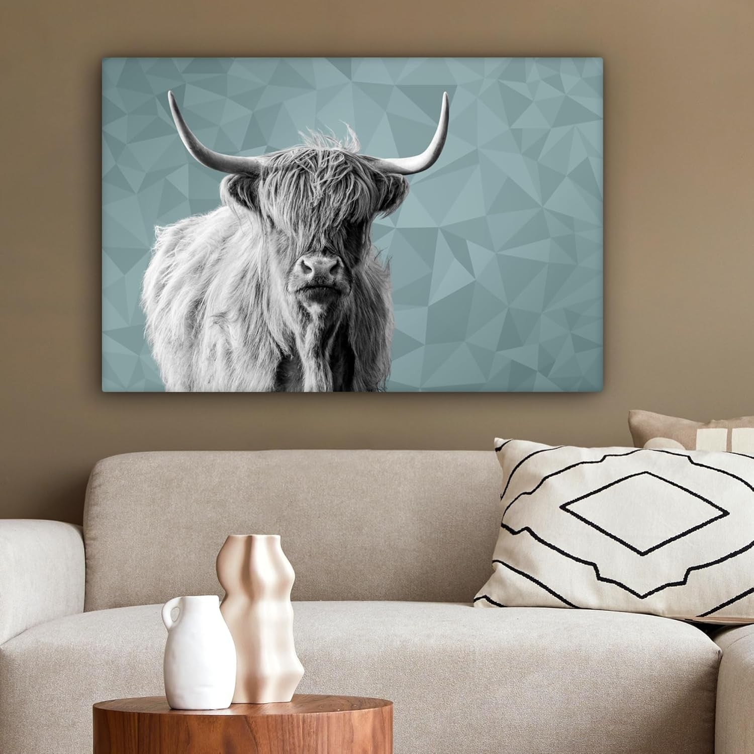 Highland Cow Canvas Wall Art 60x40cm Black White Modern