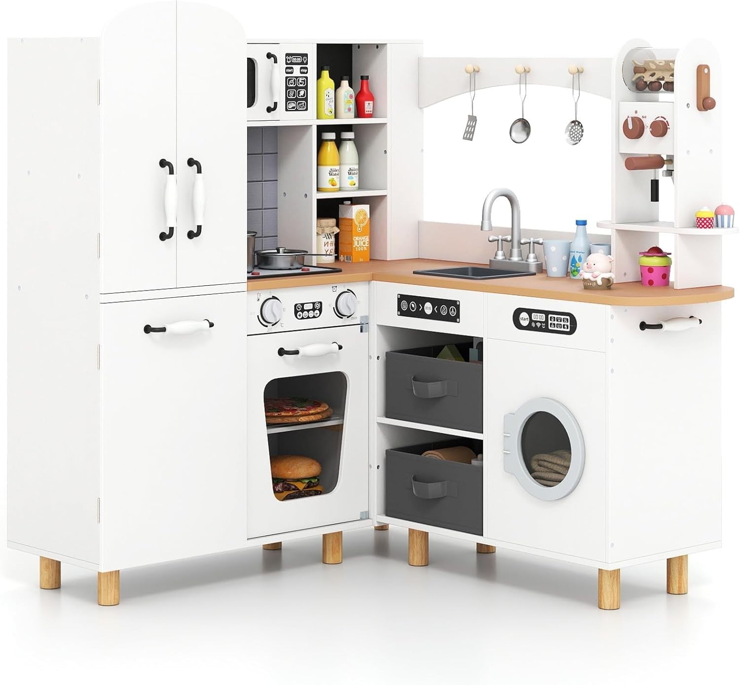 Corner Kids Play Kitchen White w/ Fridge Washer Coffee Maker Set