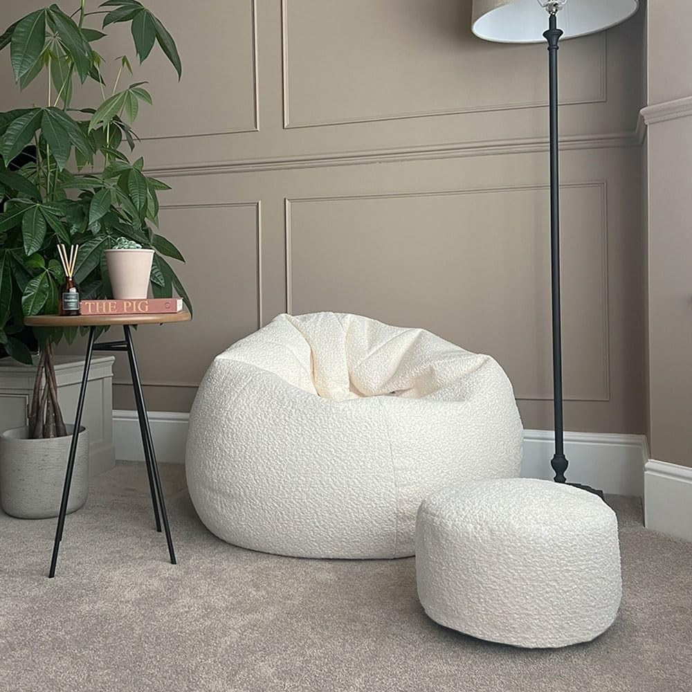 Oat Boucle Bean Bag Chair & Footstool Set – 110x80cm Lounge Seat