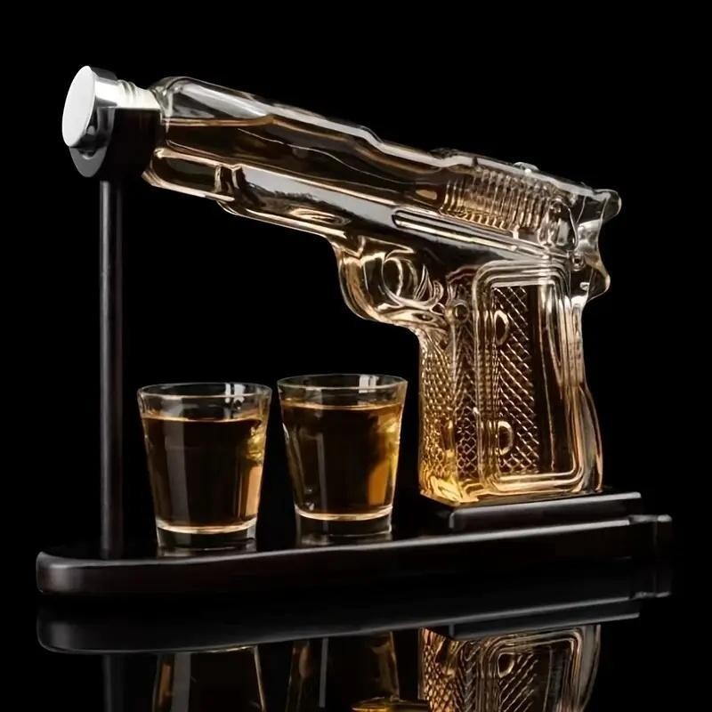 Gun Whiskey Decanter Set with Glasses & Stand – Unique Bar Gift Set