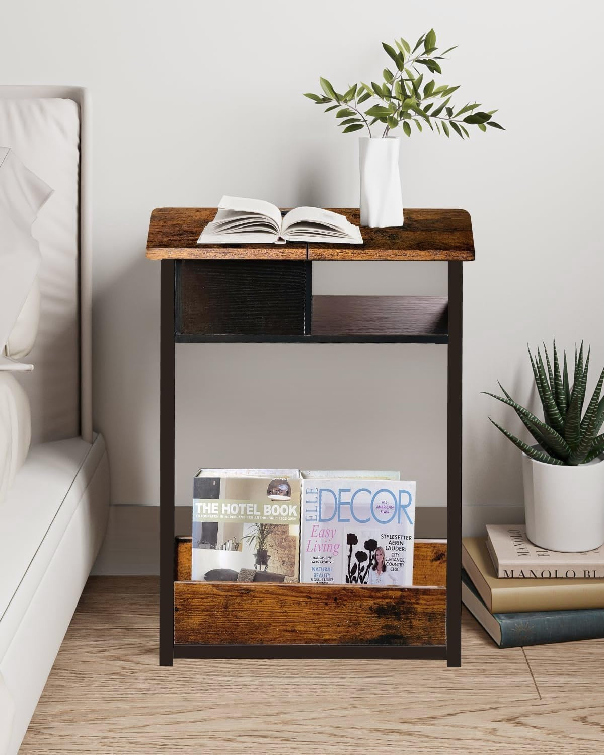 Multi-Functional Slim Side Table with Storage Rack & Magazine Holder