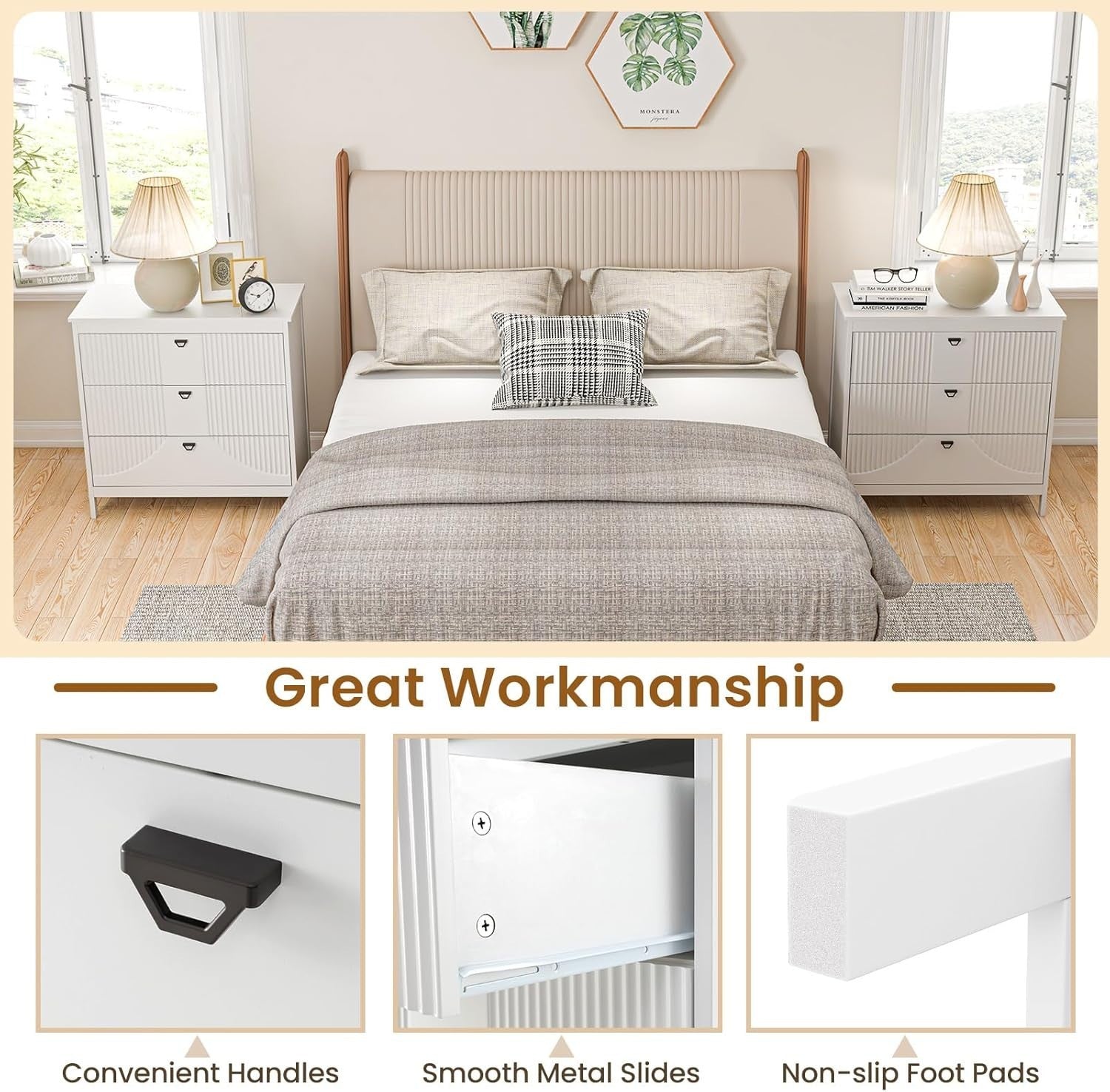 3-Drawer White Wooden Chest Dresser Storage Cabinet for Bedroom & Living Room