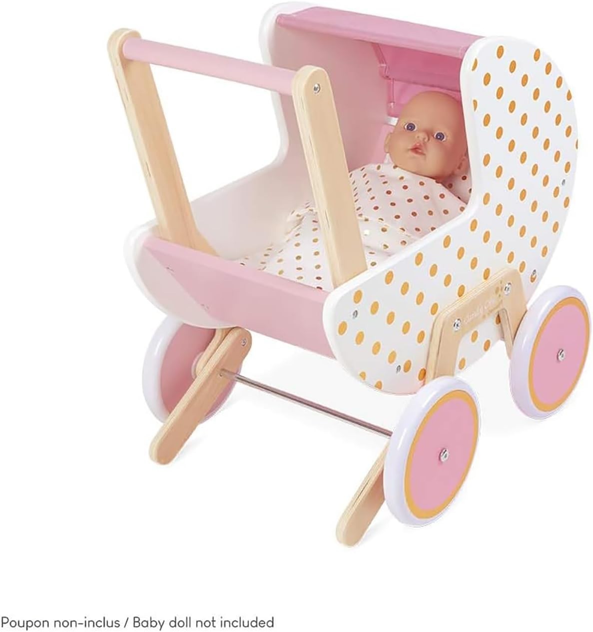 Wooden Candy Chic Doll Pram Pink/White with Pillow & Blanket Quiet Rubber Wheels