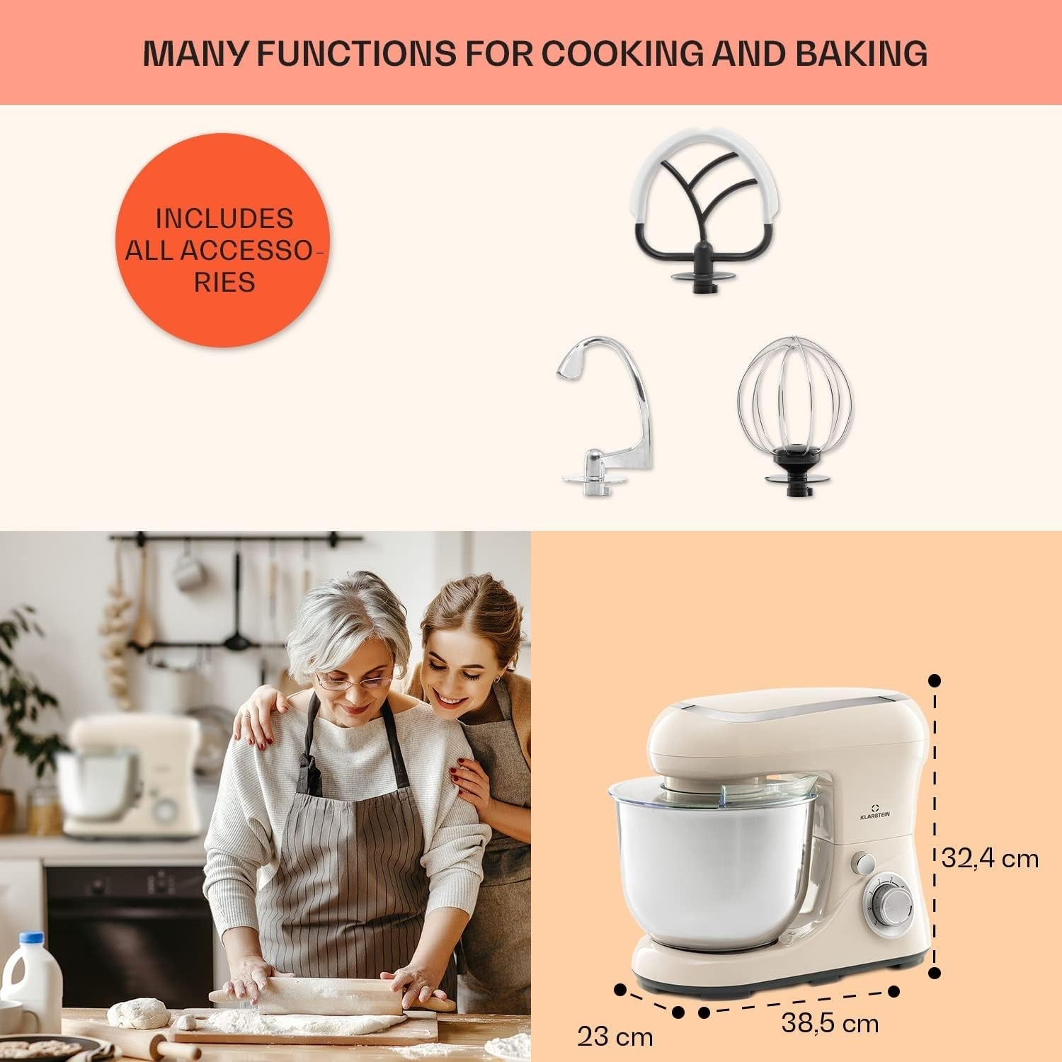 5L Stand Mixer 1300W Planetary Mixer 6 Speeds with Pulse Function Creme