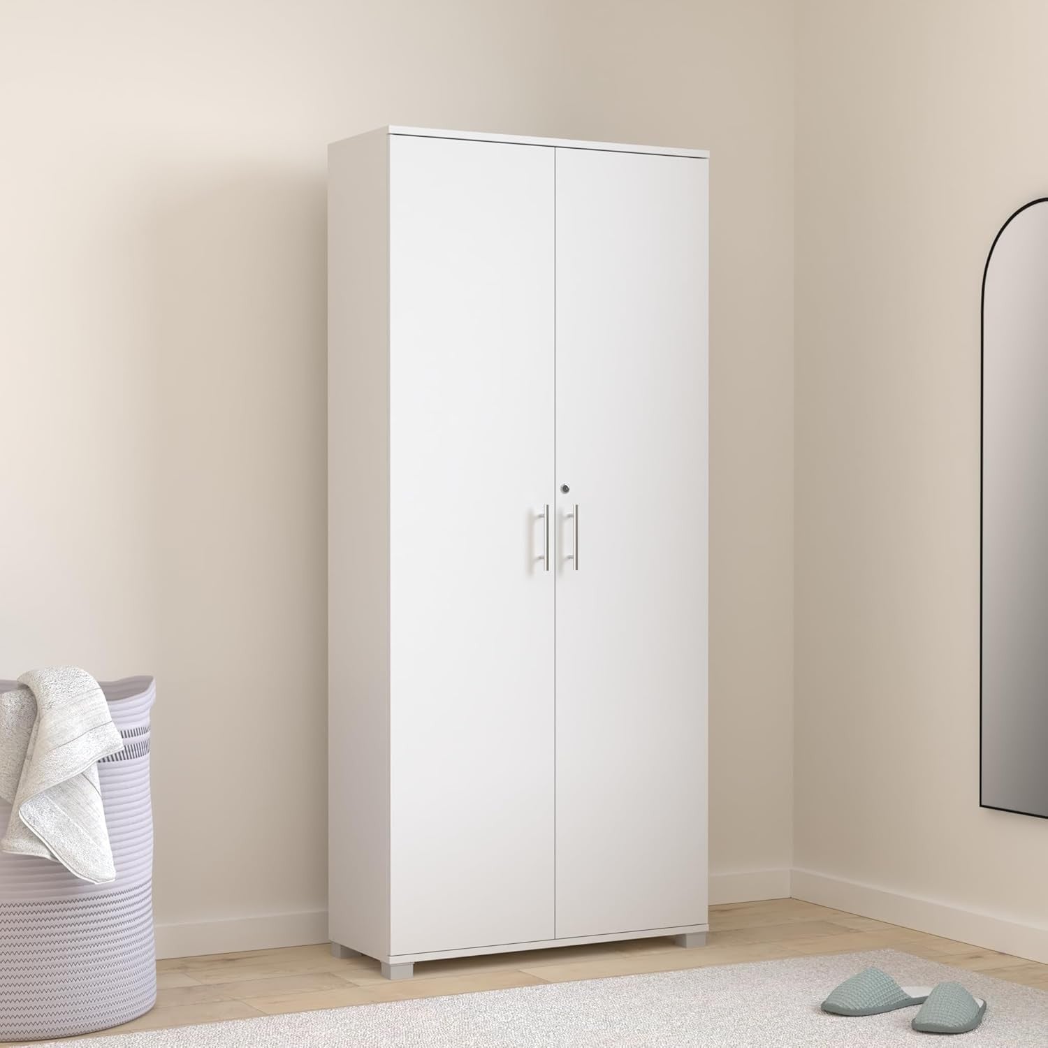 Tall White Storage Cupboard 2 Door Lockable Cabinet with 4 Shelves Office