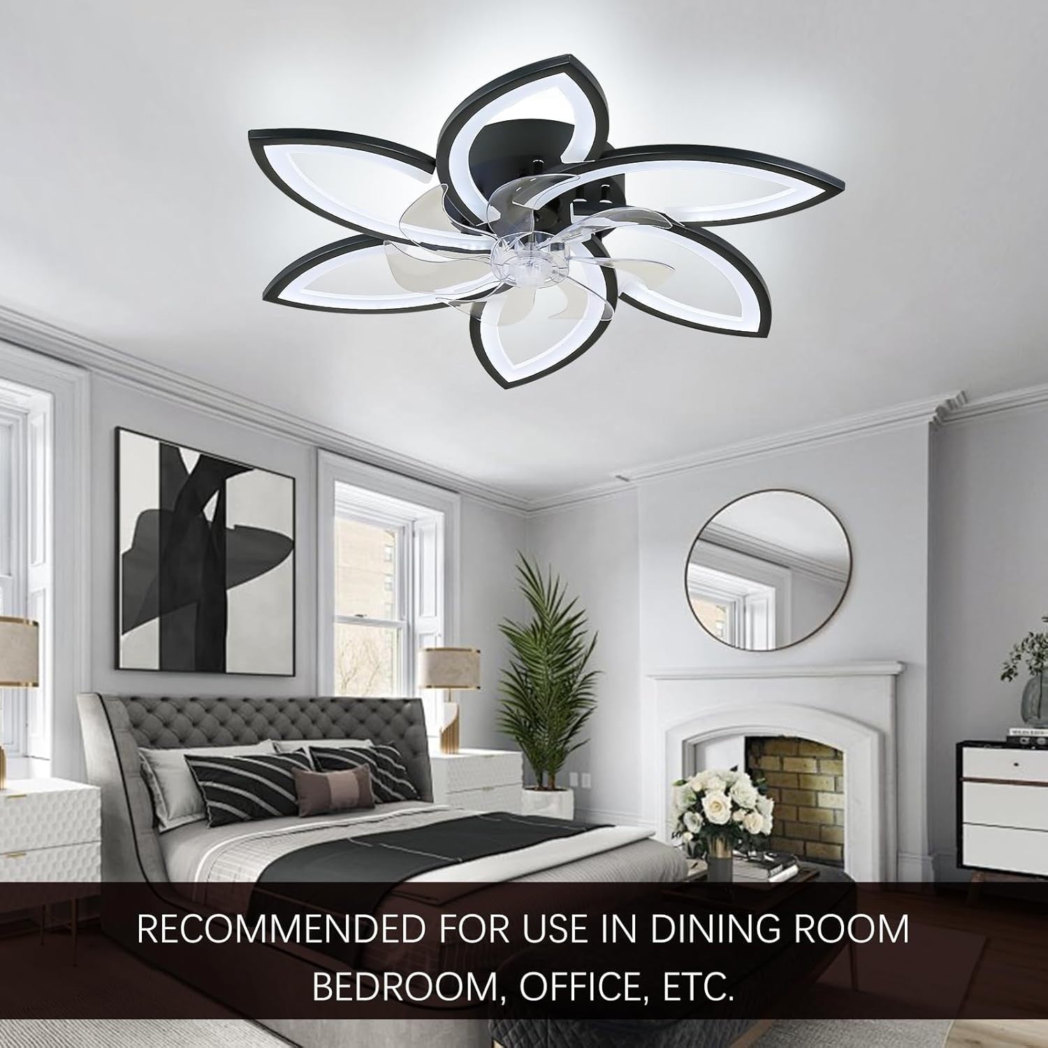 Ceiling Fan with Light, 6 Speeds, Dimmable, Flower Shape, 74 cm Black