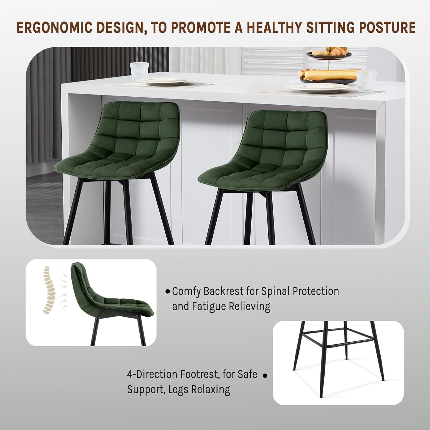 Dark Green Velvet Bar Stools Set of 2 – Ergonomic Kitchen & Counter Seats