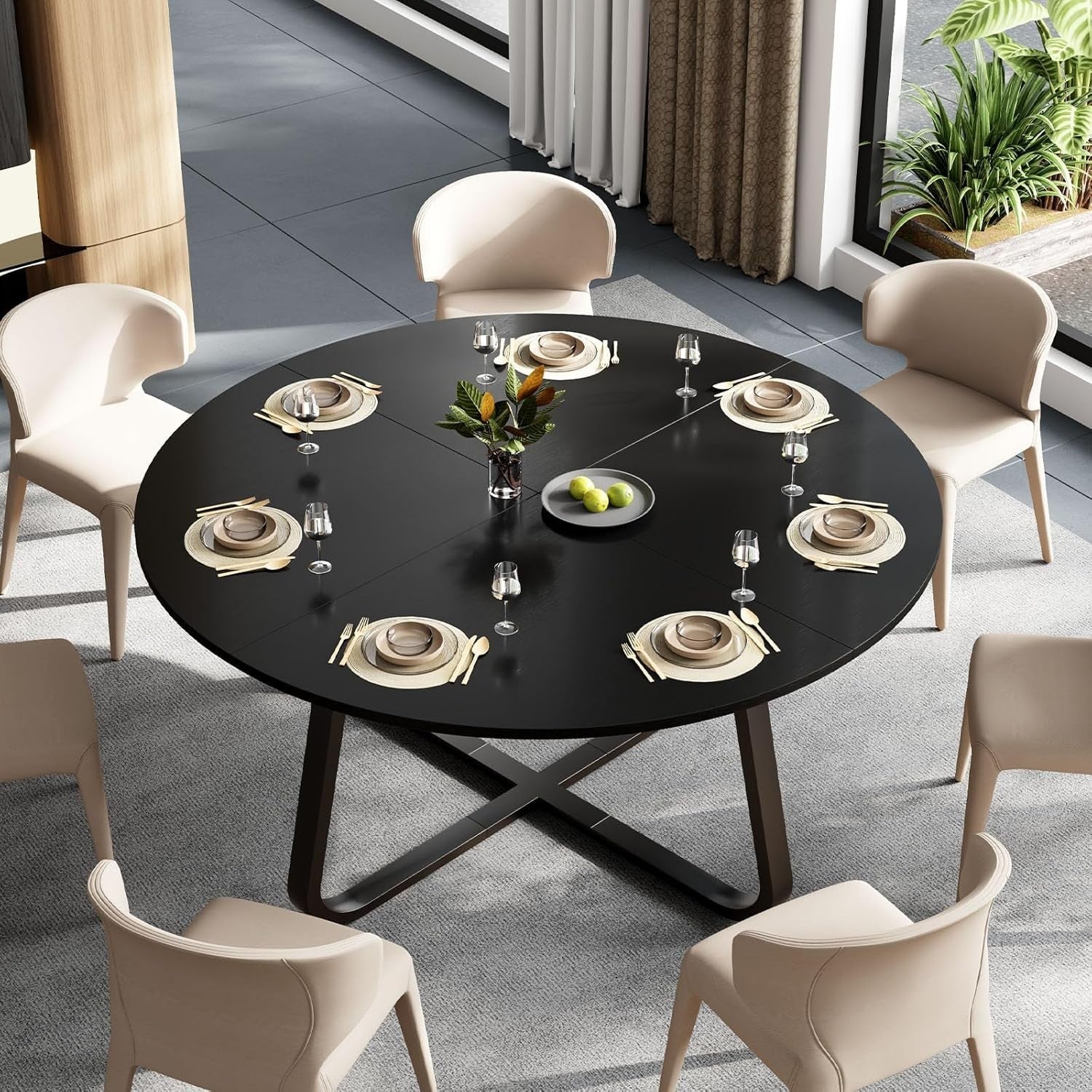 Round Black Dining Table 4-6 Seater Wood Metal Kitchen Home 130cm