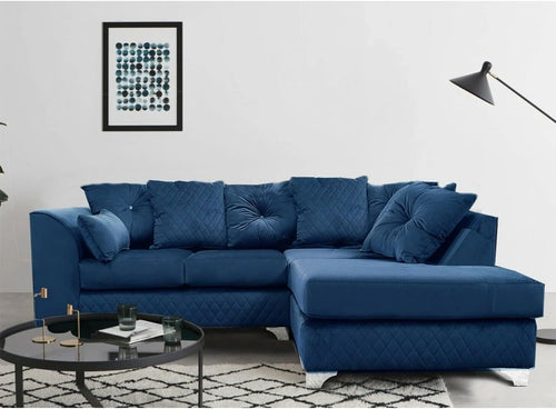 Blue Velvet Corner Sofa RH ✨ Plush 3-4 Seater L Shape with Chrome Feet