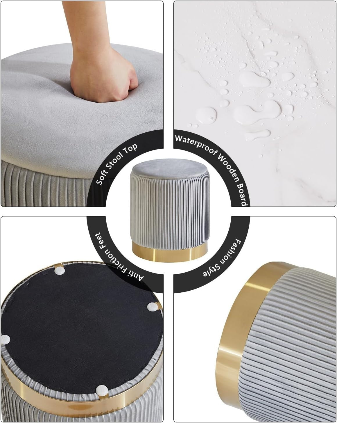 Set of 2 Gray Storage Ottomans – Round Boucle Velvet Stools with Lids