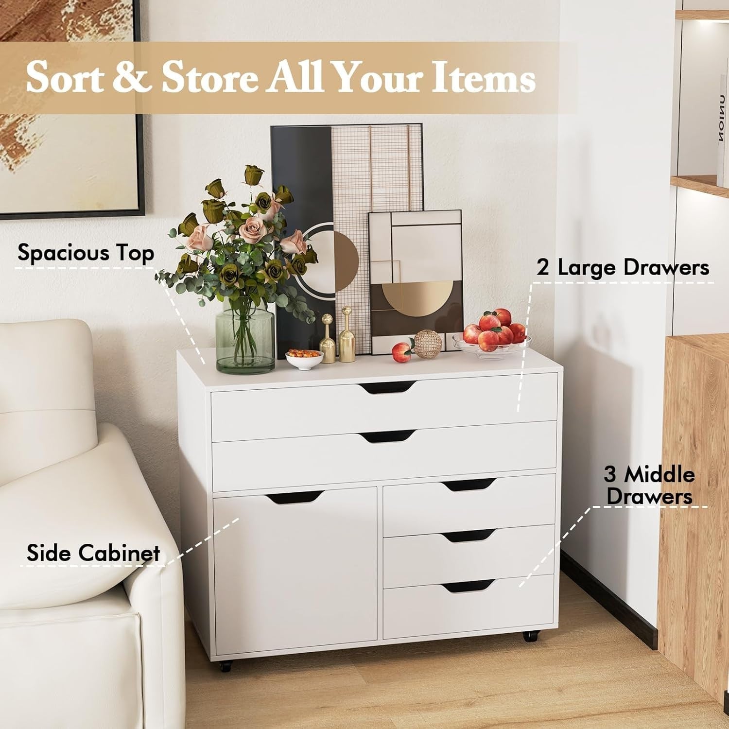 White Mobile File Cabinet 5 Drawer Side Cupboard Rolling Printer Stand