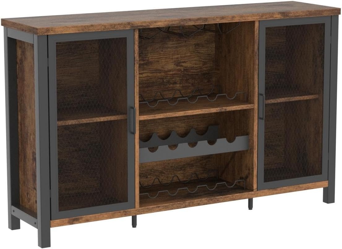 Rustic Farmhouse Wine Bar Cabinet Sideboard with Wine Rack & Glass Storage 140cm