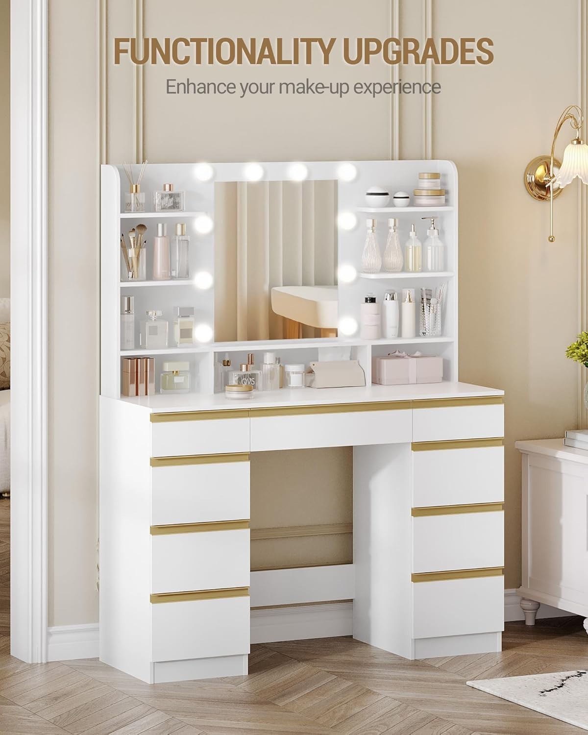 Vanity Makeup Dressing Table Desk w/Large Mirror LED Lights 9 Drawers White-Gold