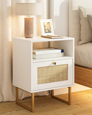 White Rattan Bedside Table with Drawer XL Nightstand Boho Oak Side Table