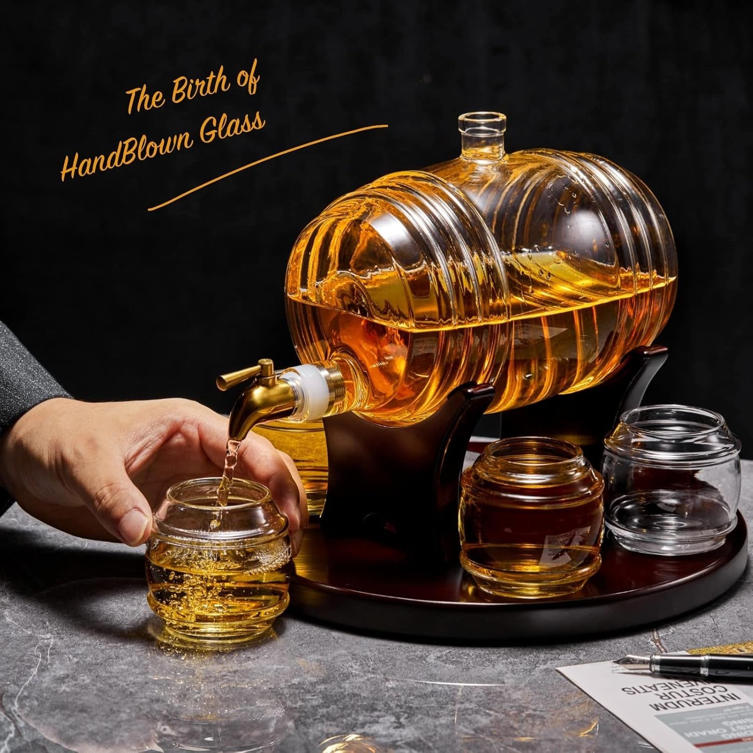 Whiskey Barrel Decanter Set 1.3L With 4 Glasses Home Bar Gift Men Liquor Dispens