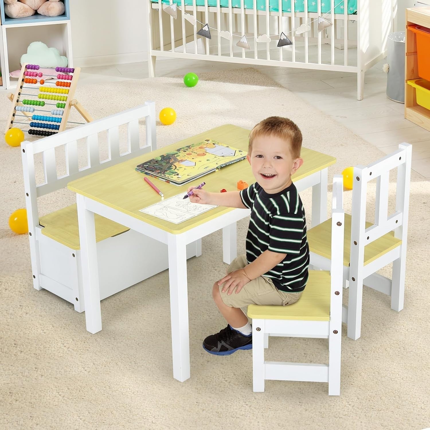 Kids Wooden Table Chair Set with Storage Bench 4pc Toddler Furniture