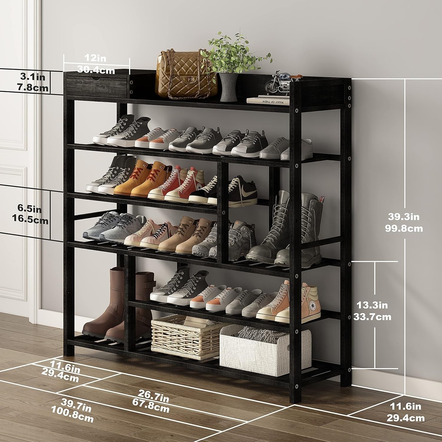 6 Tier Bamboo Shoe Rack Storage Shelf – Tall Black Entryway Organizer
