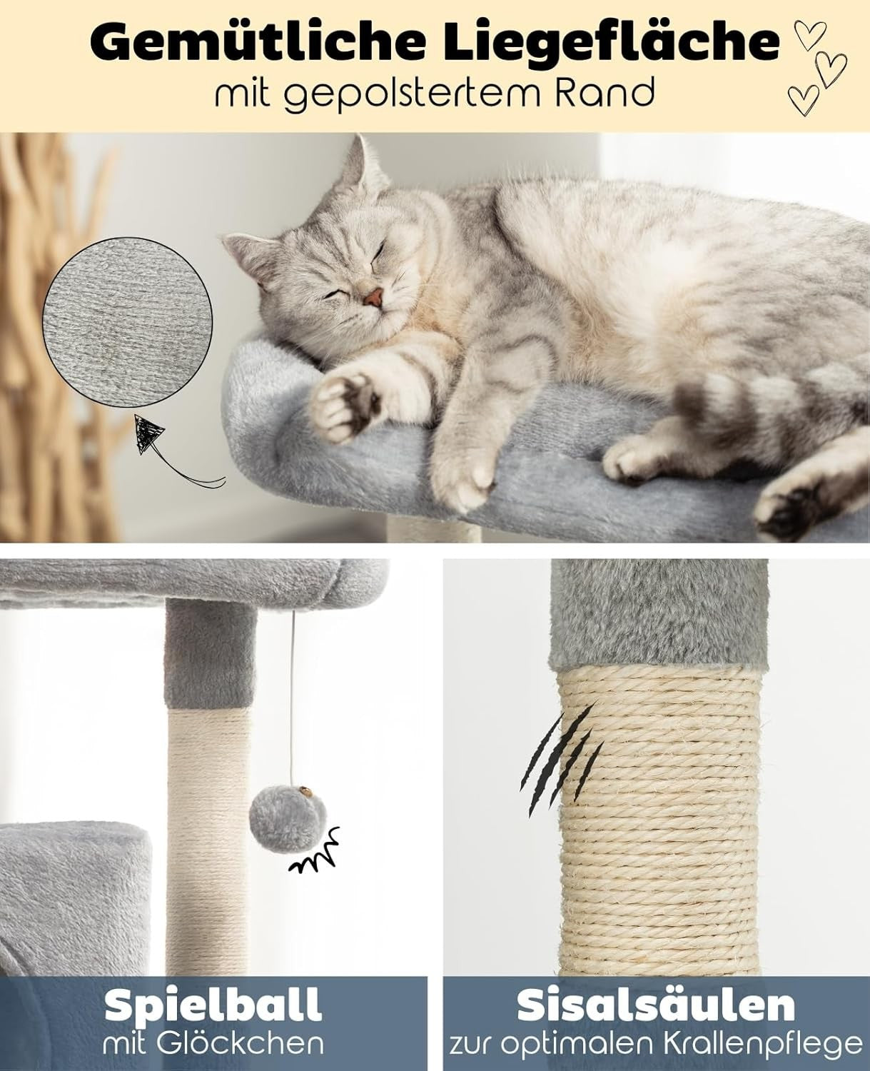 Cat Tree with 2 Condos Scratching Posts Plush Bed 80cm Light Grey
