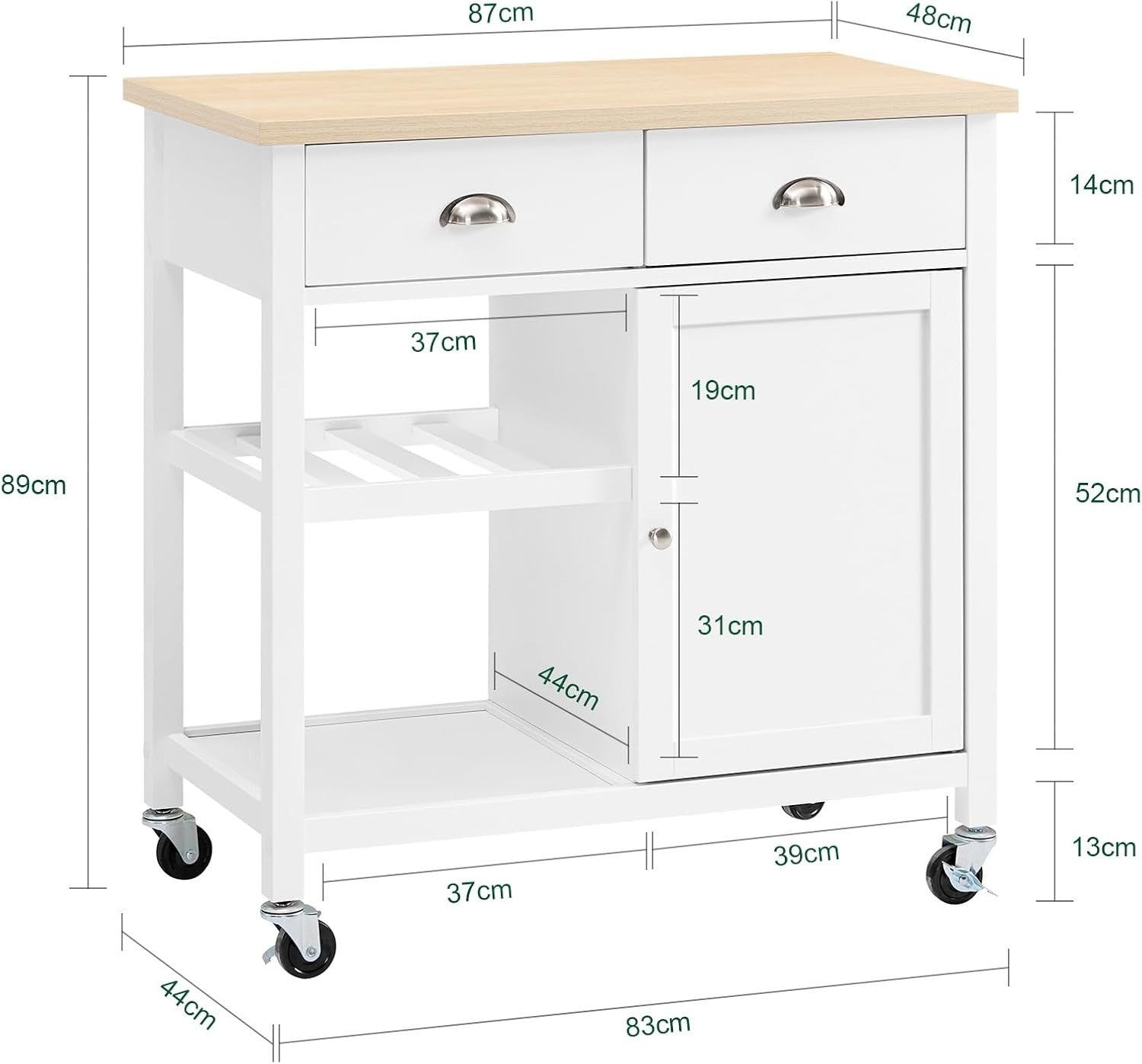 Kitchen Storage Trolley with Drawers & Adjustable Shelf White-Natural 87x48cm