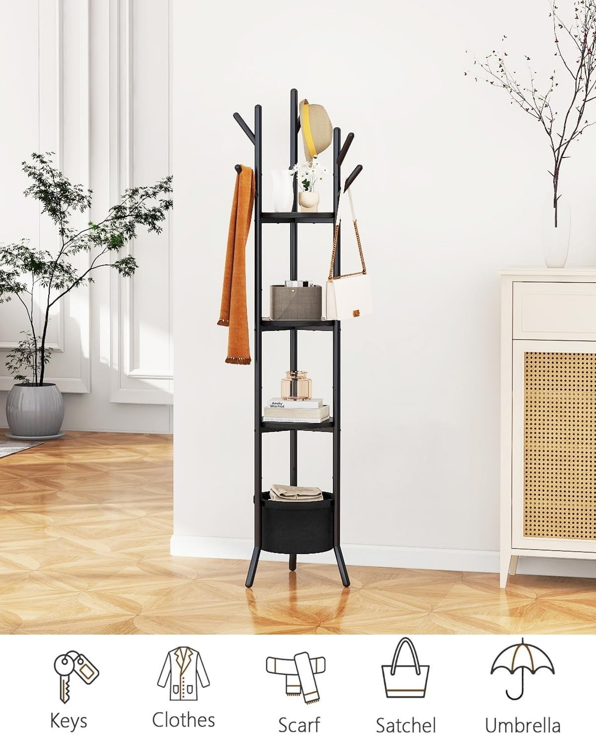 Black Freestanding Coat Rack with Shelves | 169cm Metal Hall Tree Stand