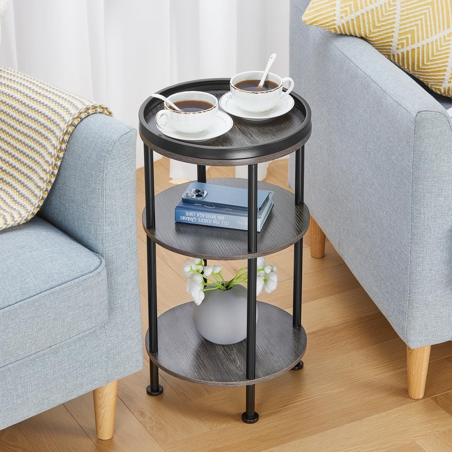3 Tier Round Side Table with Storage Shelf Metal Frame Small Space Grey 30x55
