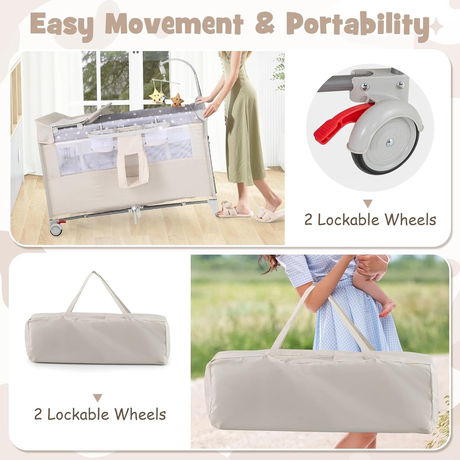 5in1 Baby Travel Cot Bedside Crib Bassinet w/ Mattress Changer Music Toys Beige