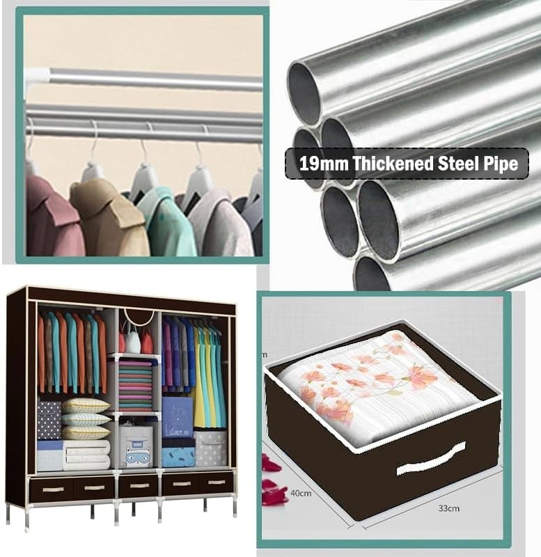 Large Canvas Wardrobe Storage Unit 5 Drawers Hanging Rail Shelves 175cm