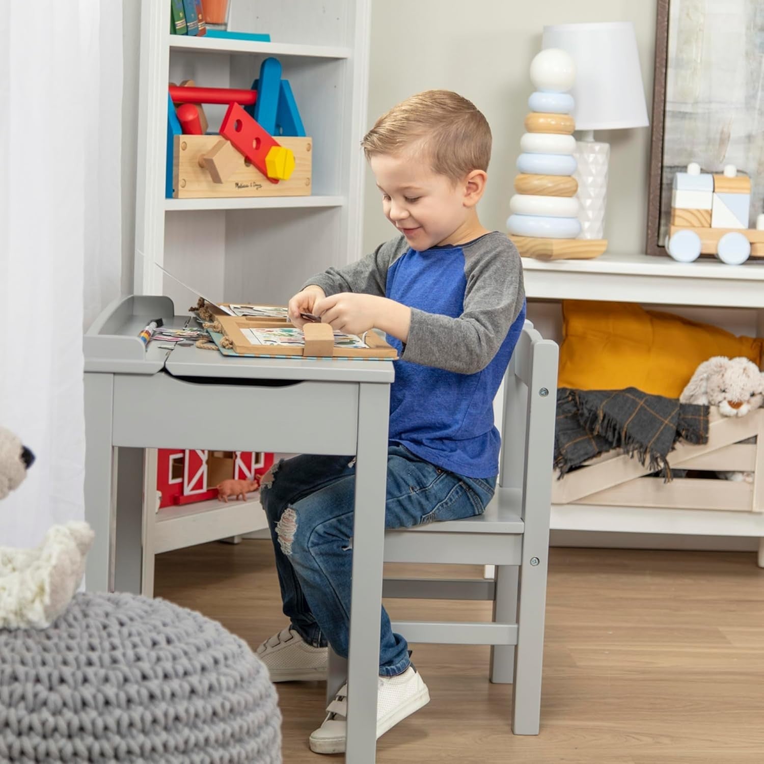 Kids Lift-Top Desk & Chair Set, Grey Wood, Compact 46x16.5x65cm