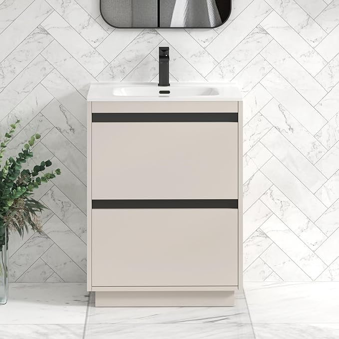 600mm Beige Floor Standing Vanity Unit with Basin Sink 2 Drawer Cabinet Modern