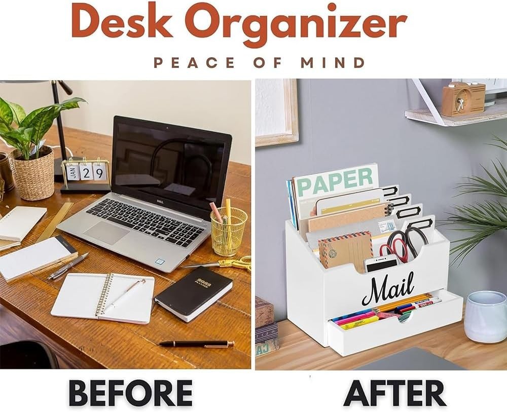 Wood Desktop Mail Organizer with Drawer 4 Compartment File Holder