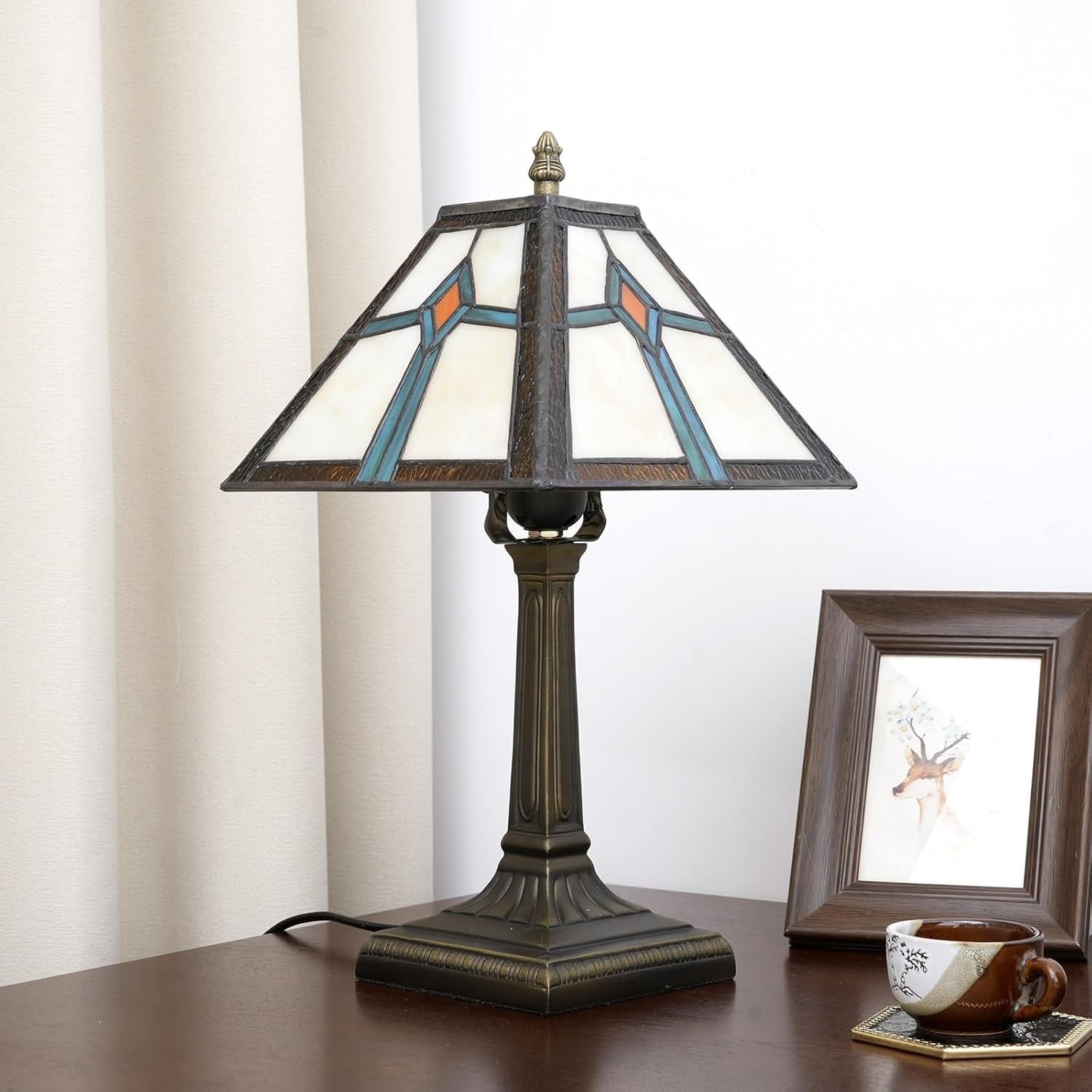 Tiffany Style Table Lamp Vintage Stained Glass Bedside Light w/ LED