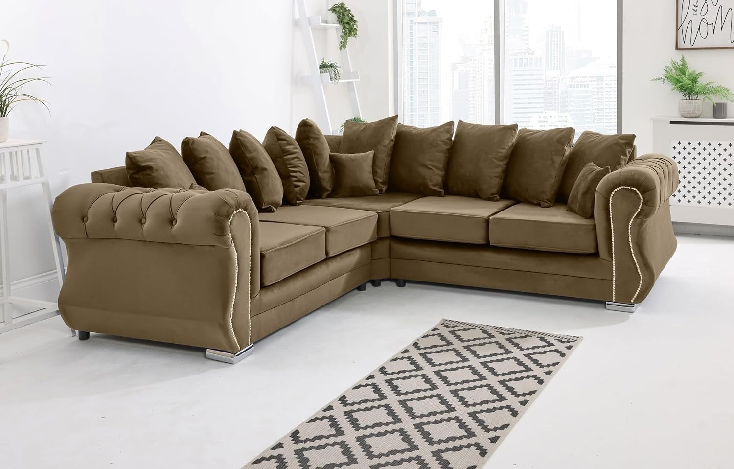 Mink Plush Velvet 5 Seater Corner Sofa with Foam Cushions & Button Tufted