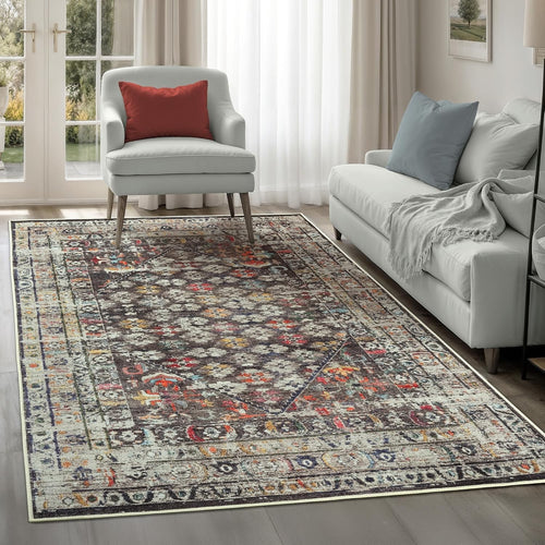 Large Washable Rug 240x330cm Non-Slip Soft Vintage Charcoal Area Carpet Home