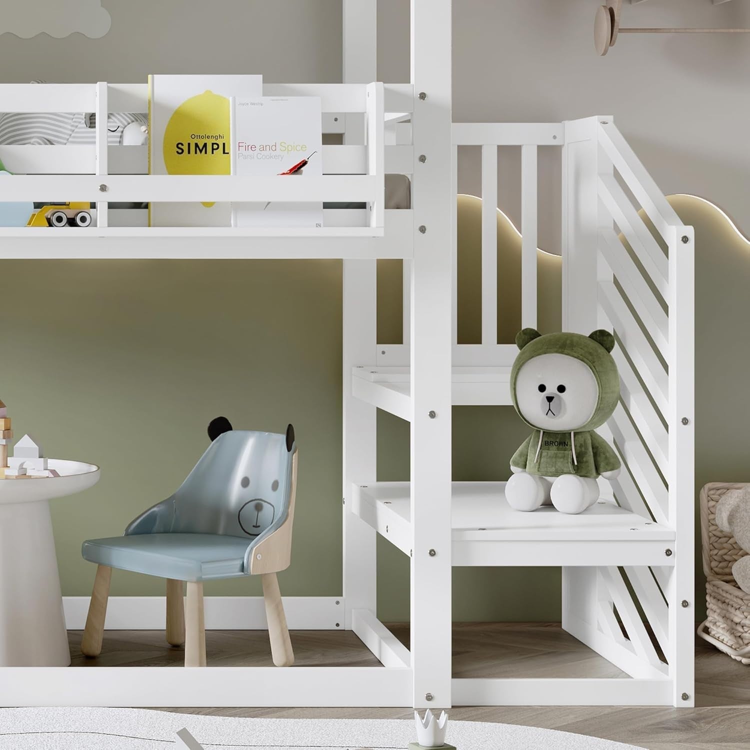 Kids Bunk Bed 3ft Single 90x190cm w/ Staircase Guardrail Bookshelf White Green
