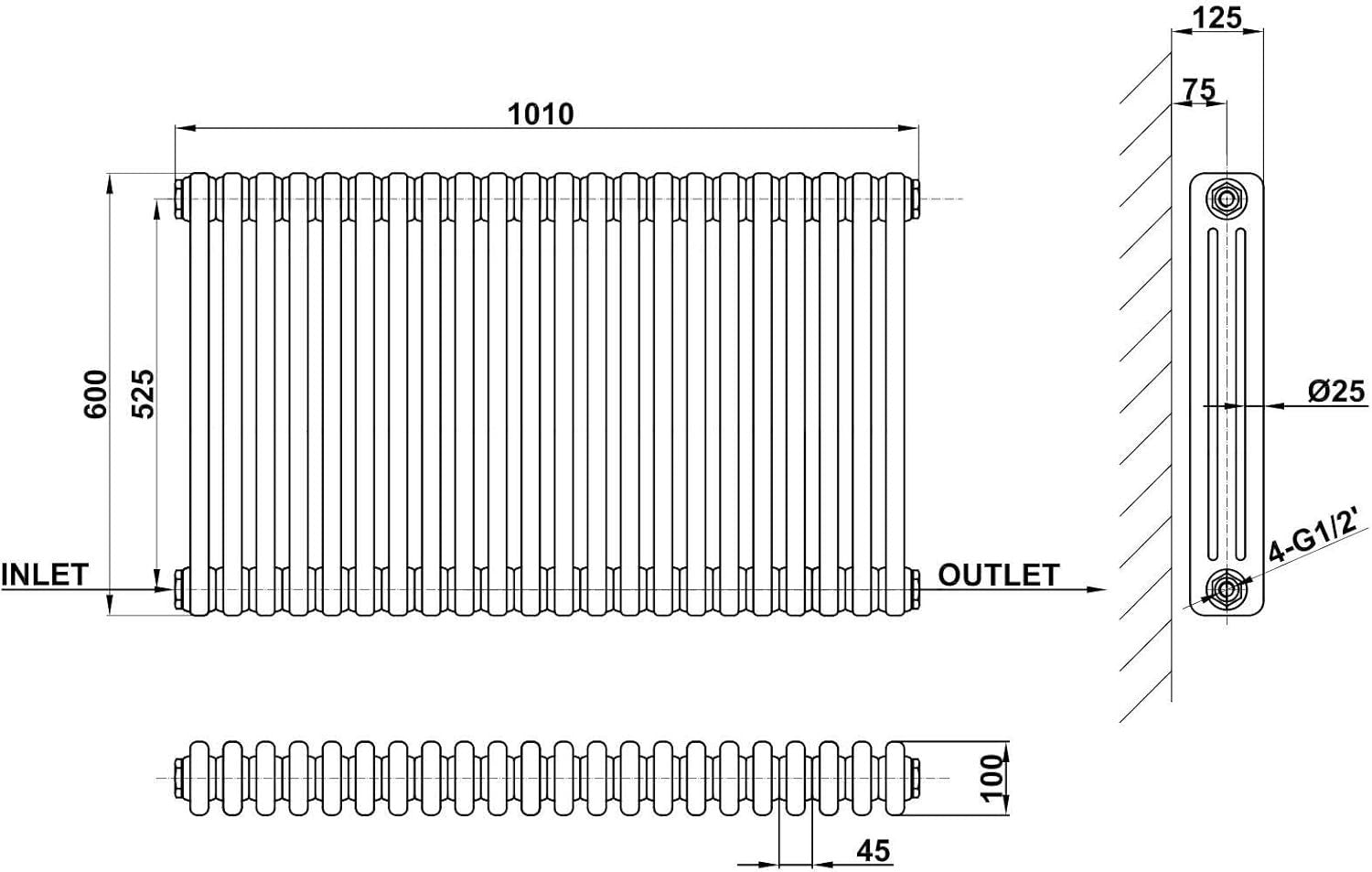White 3 Column Designer Horizontal Radiator 600x1010mm Modern Cast Iron
