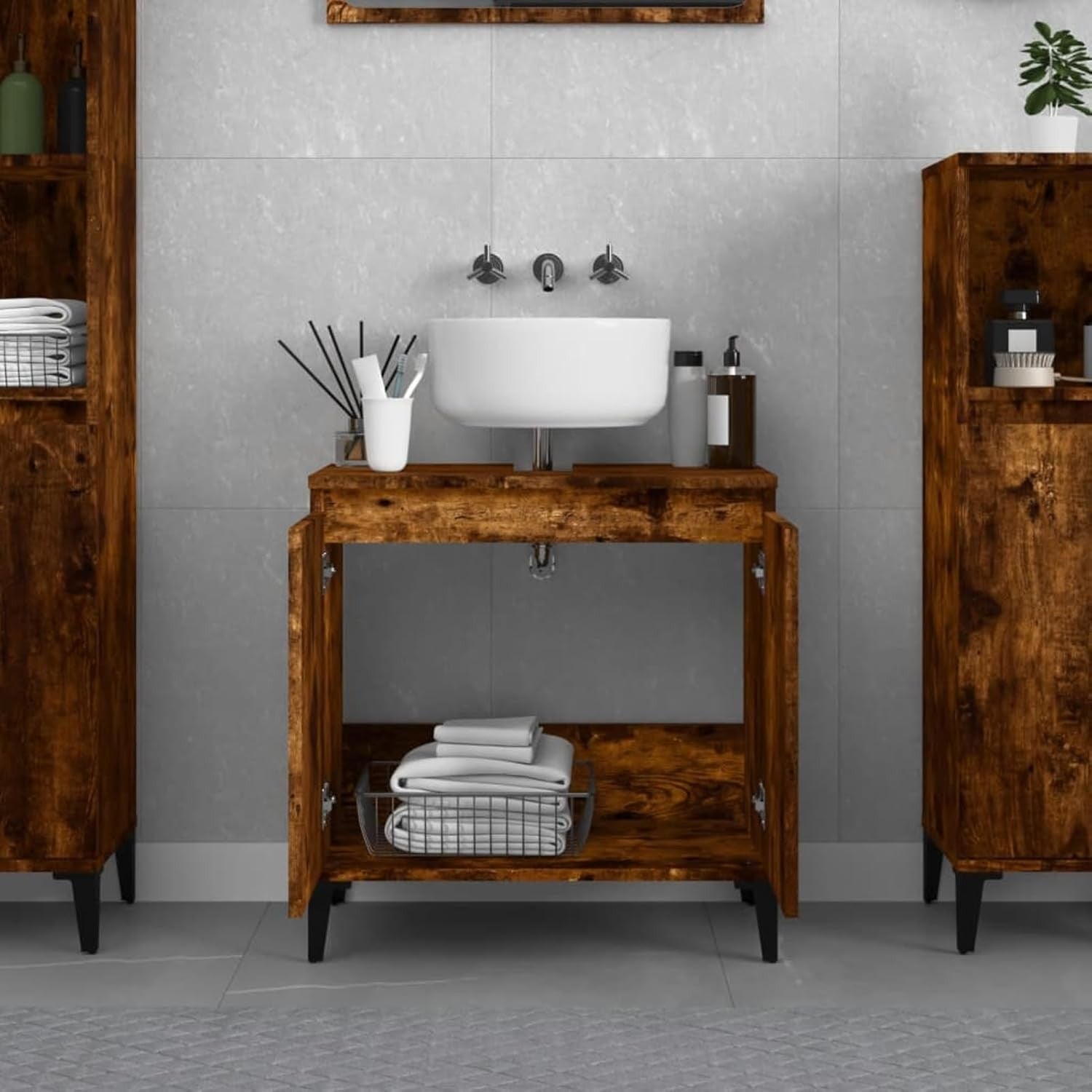 Smoked Oak Bathroom Sink Cabinet | Under Sink Storage Cupboard 58x33x60cm