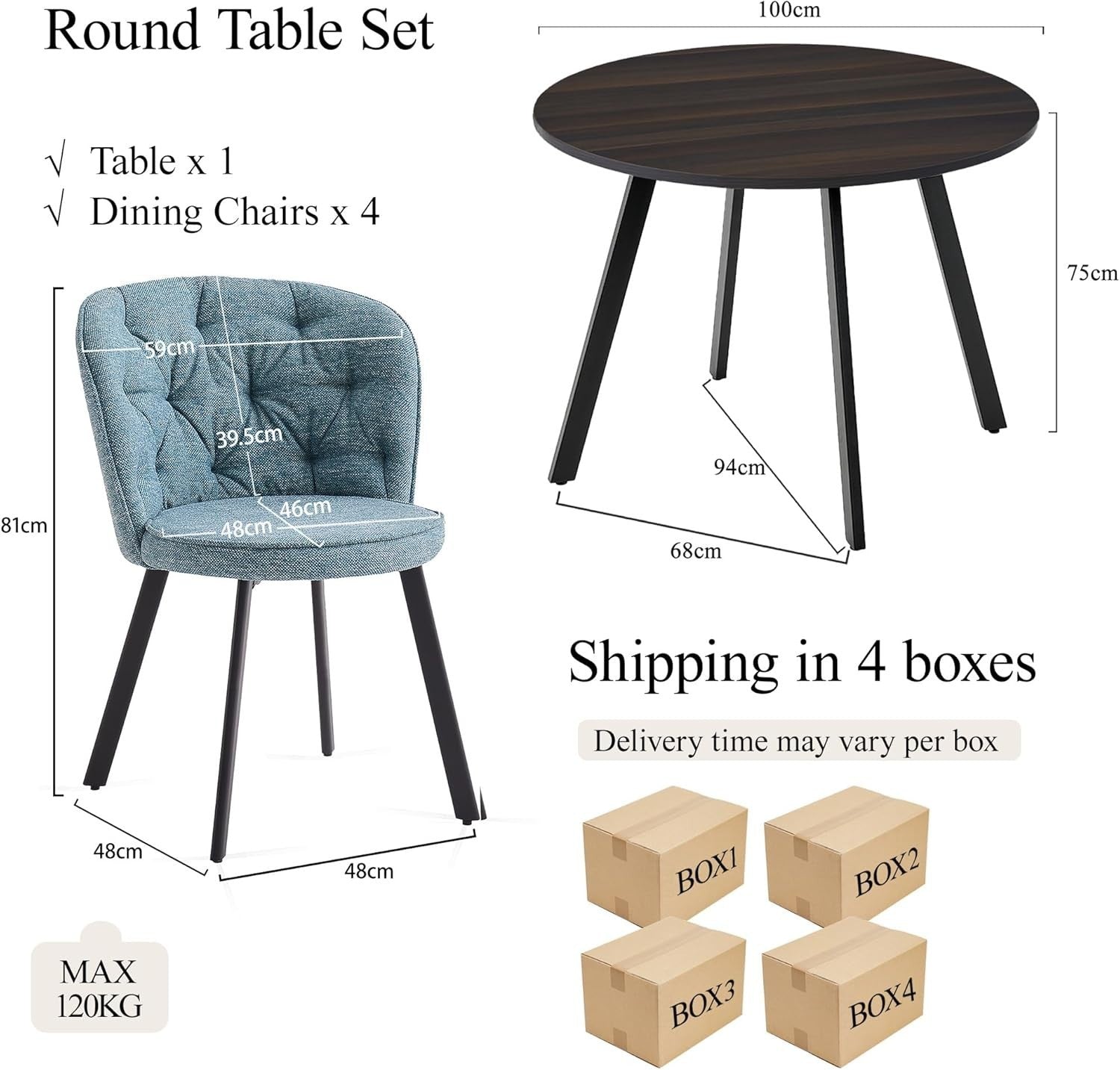 4 Navy Blue Linen Dining Chairs & Round Walnut Table Set for Kitchen Room