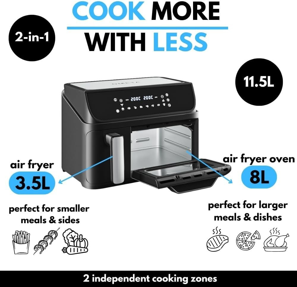 Dual Zone Air Fryer Oven Combo 9.5L Sync Cook 10 Presets Window Black