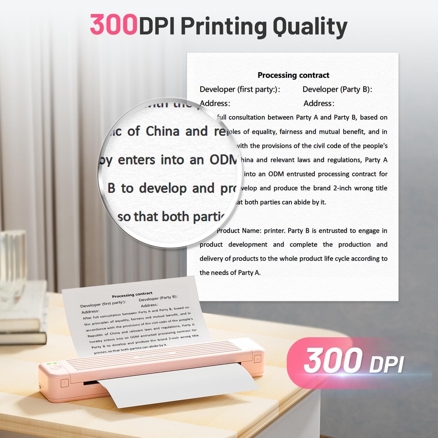 A4 Portable Thermal Printer 300DPI Bluetooth Inkless Pink