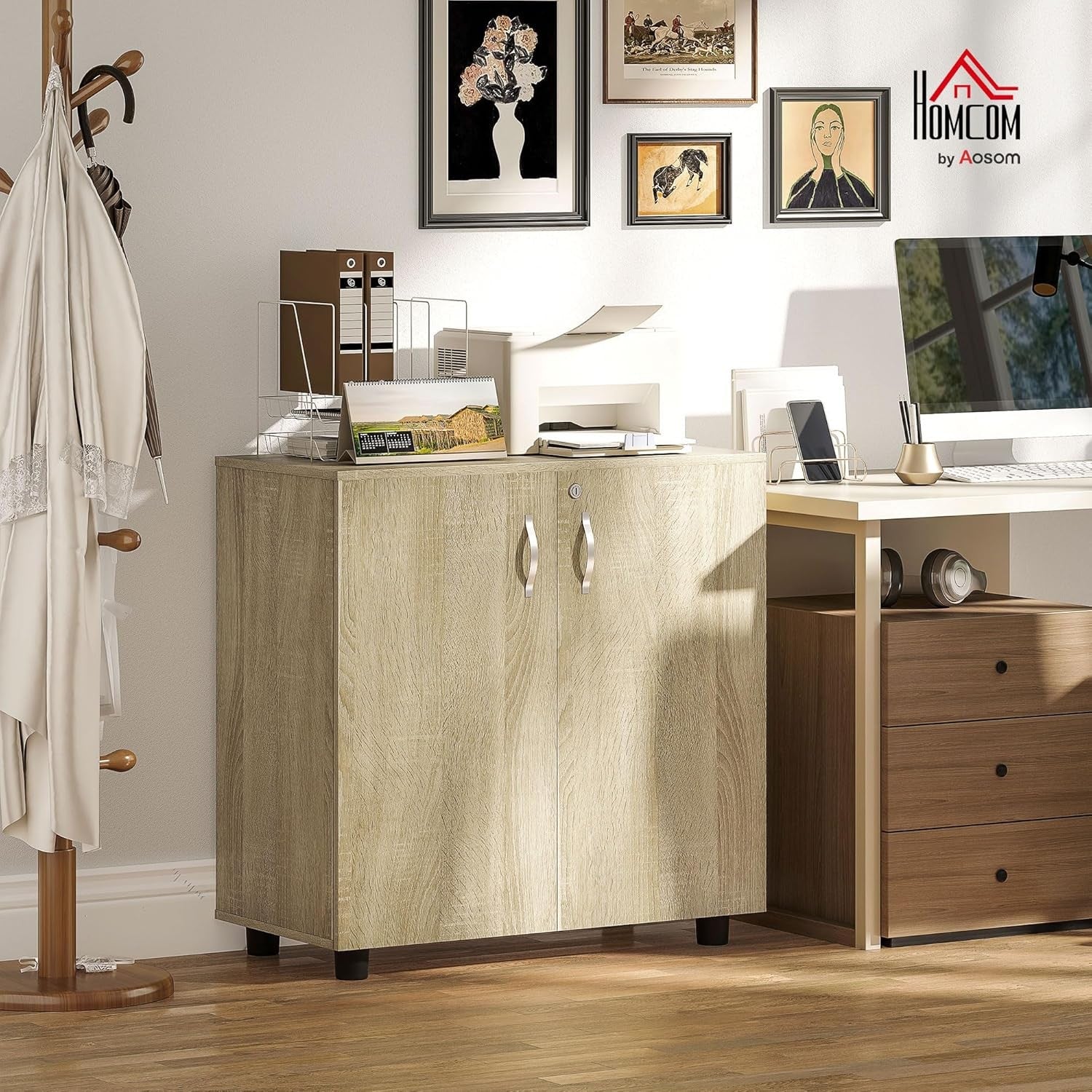 Oak Lockable Filing Cabinet Office Storage Cupboard 2 Door 2 Tier Shelves