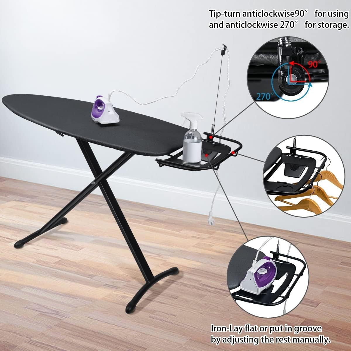 Extra Wide Ironing Board with Sleeve Board Adjustable Height Foldable Black