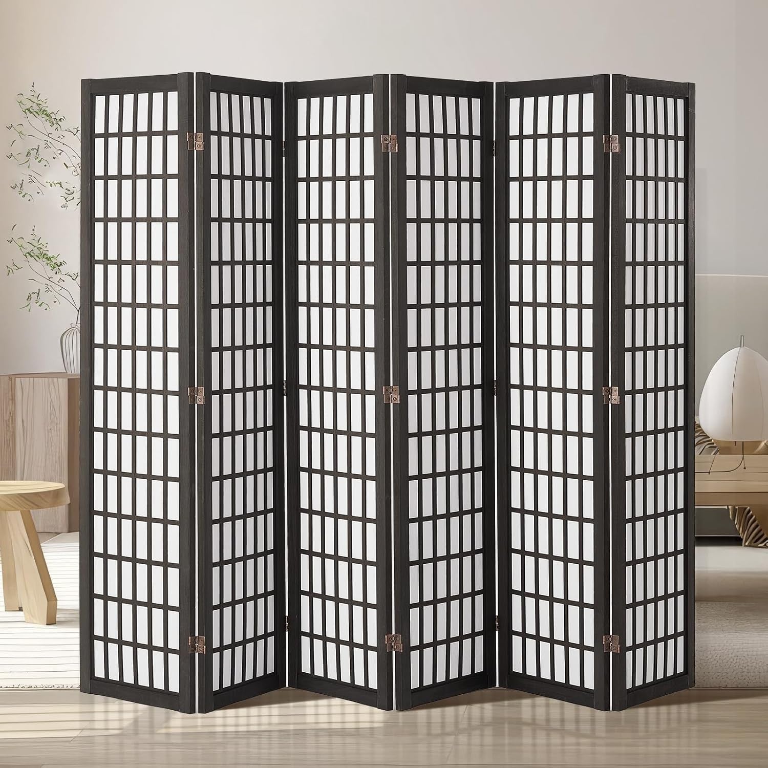 6 Panel Japanese Folding Room Divider Black Wood Privacy Screen 242x170cm