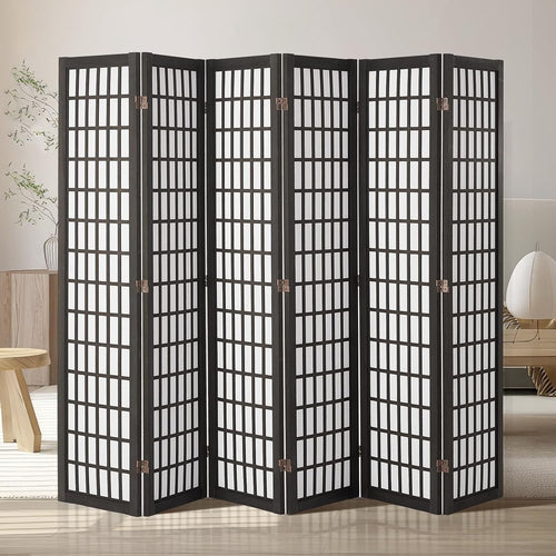 6 Panel Japanese Folding Room Divider Black Wood Privacy Screen 242x170cm